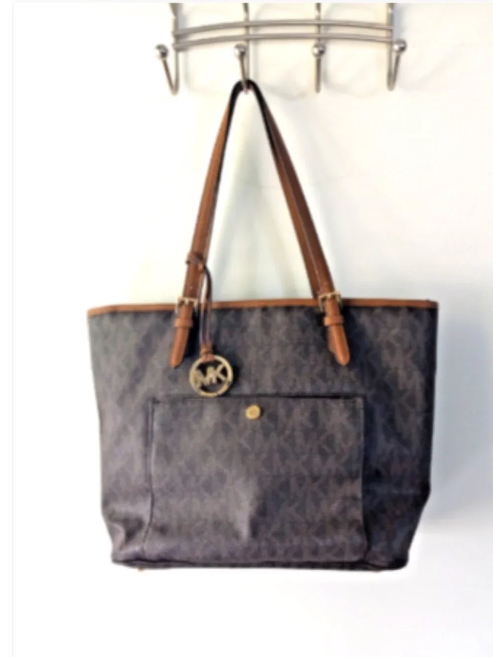 Michael Kors Large Tote Bag Brown MK Signature Logo Gold Charm Zip Top Purse